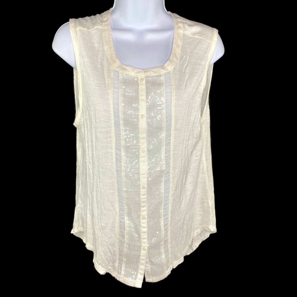AEO Sheer Cream Sequined Button Down Tank Top Med